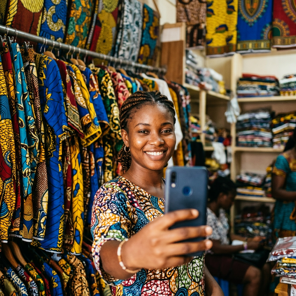 Image générée : une vendeuse d'Abidjan dans sa boutique, téléphone à la main